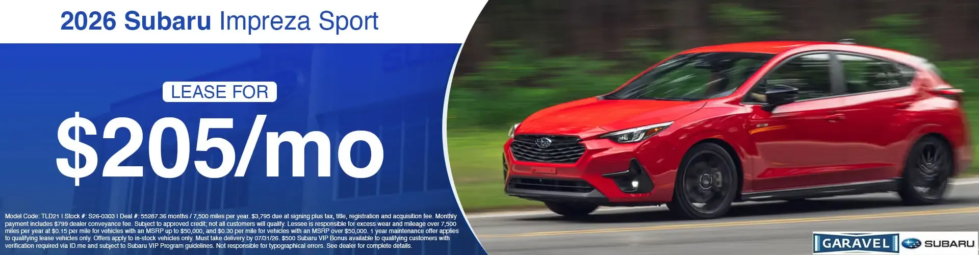 Lease a 2026 Subaru Impreza Sport for 205 dollars per month at Garavel Subaru